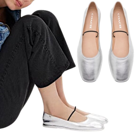 Coach - Women’s ‘Emilia’ Mary-Jane Ballet Flat, Leather, Metallic Silver Size 10 - Picture 1 of 14